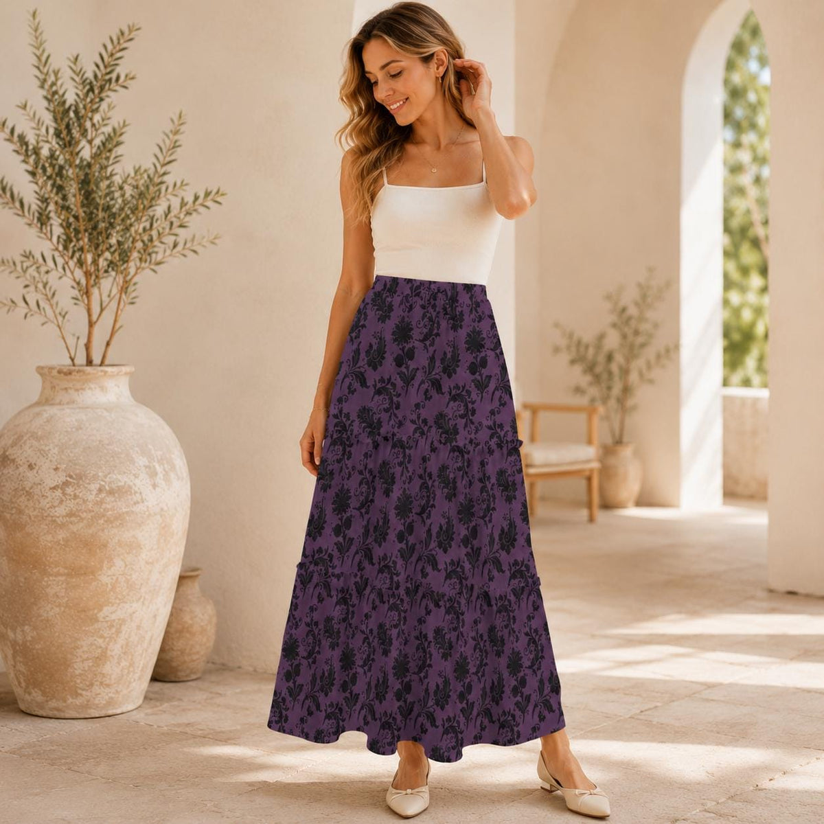 Gothic Floral Maxi Skirt, Purple and Black Botanical Tiered Pattern