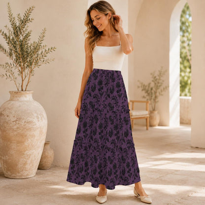 Gothic Floral Maxi Skirt, Purple and Black Botanical Tiered Pattern