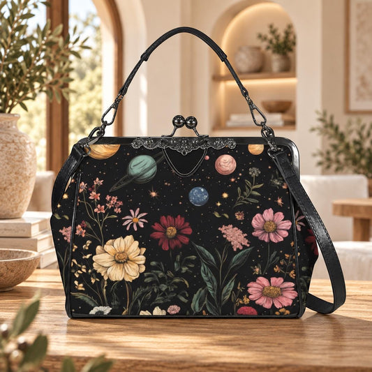 Kiss Lock Frame Bag, Cosmic Garden Purse, Vintage Planet Floral Evening Bag