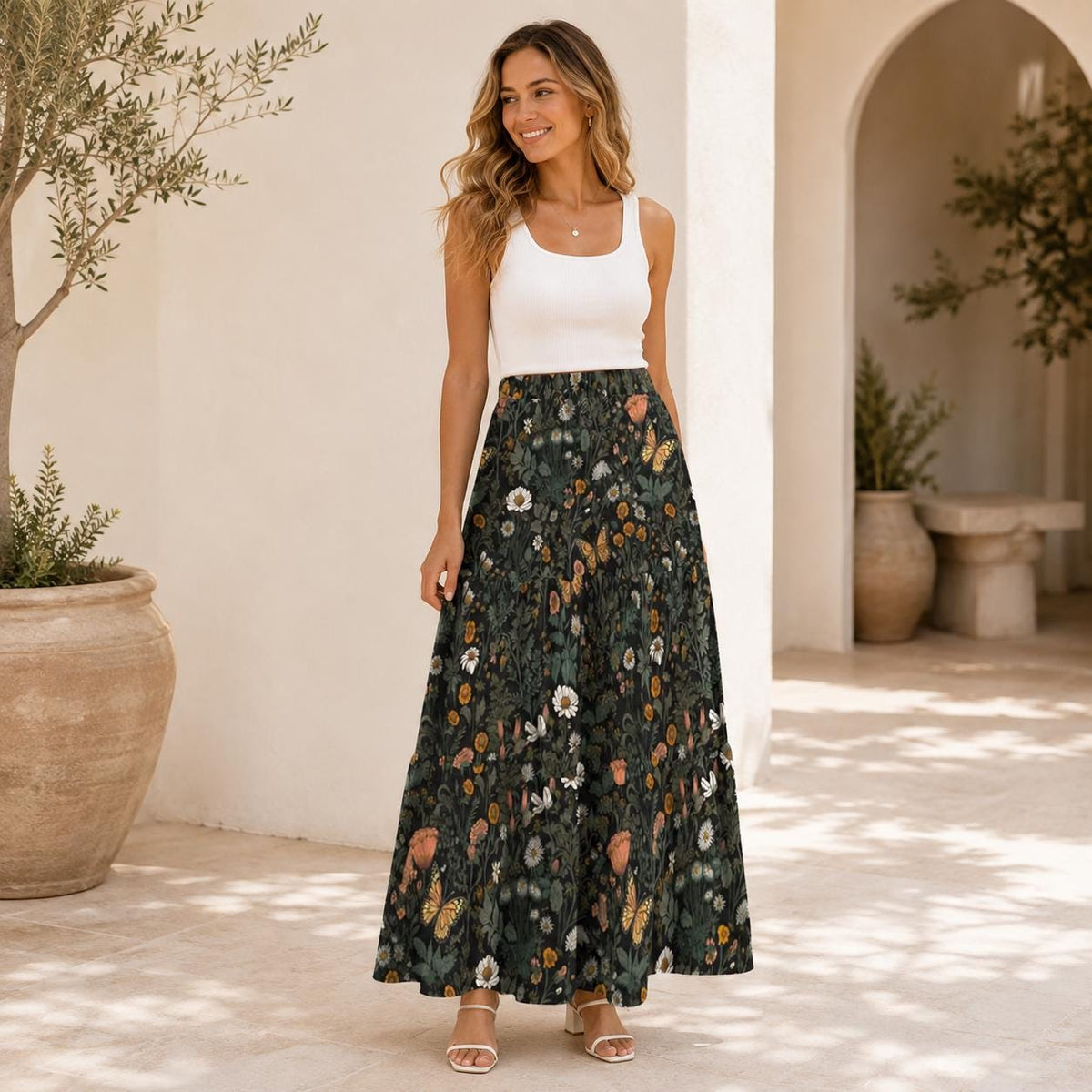 Butterfly and Wildflower Maxi Skirt, Dark Woodland Tiered Floral Design