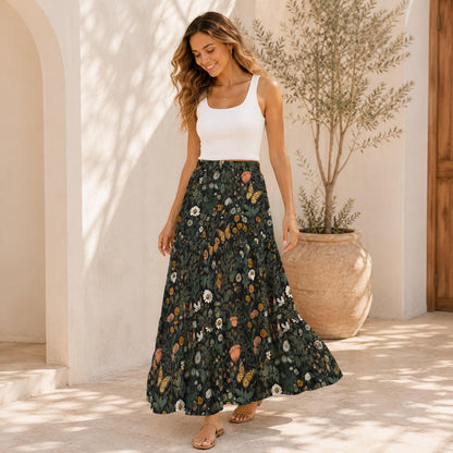 Butterfly and Wildflower Maxi Skirt, Dark Woodland Tiered Floral Design