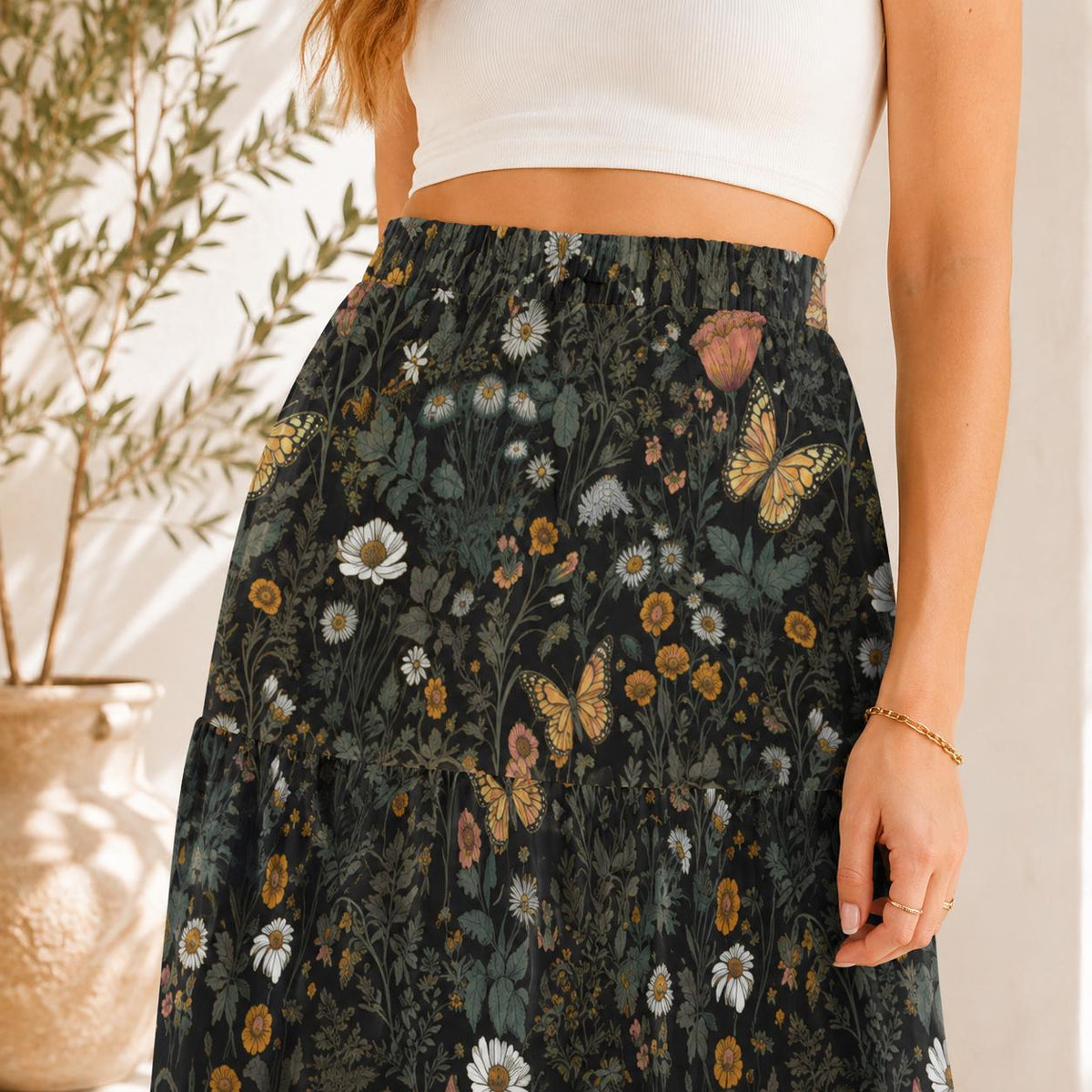 Butterfly and Wildflower Maxi Skirt, Dark Woodland Tiered Floral Design