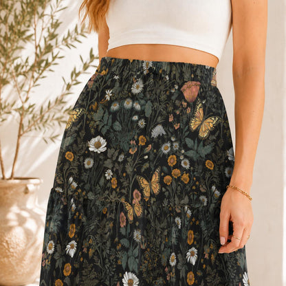Butterfly and Wildflower Maxi Skirt, Dark Woodland Tiered Floral Design