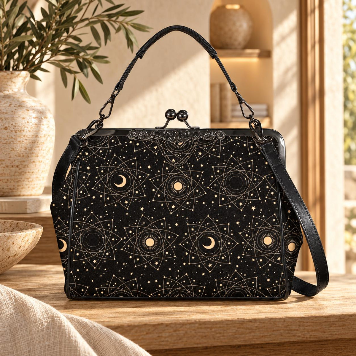 Celestial kisslock bag, moon and stars print, witchy astrology handbag