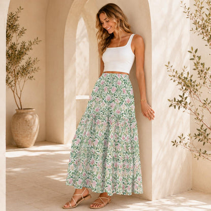 Pink Cottage Garden Maxi Skirt, Sage Green Tiered Floral Skirt