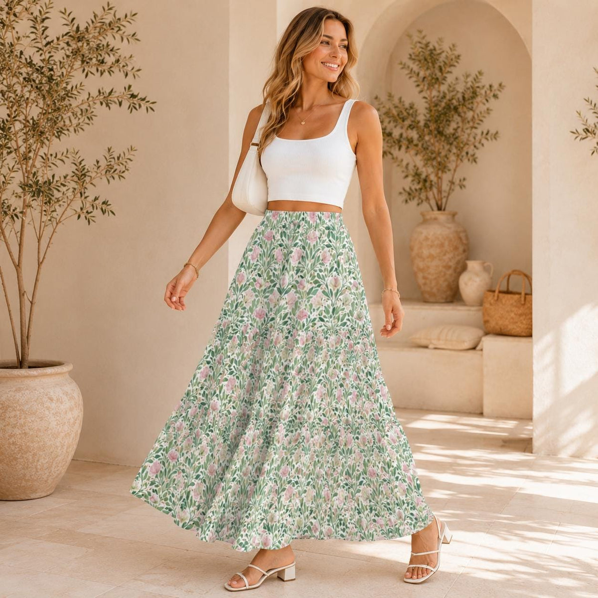 Pink Cottage Garden Maxi Skirt, Sage Green Tiered Floral Skirt