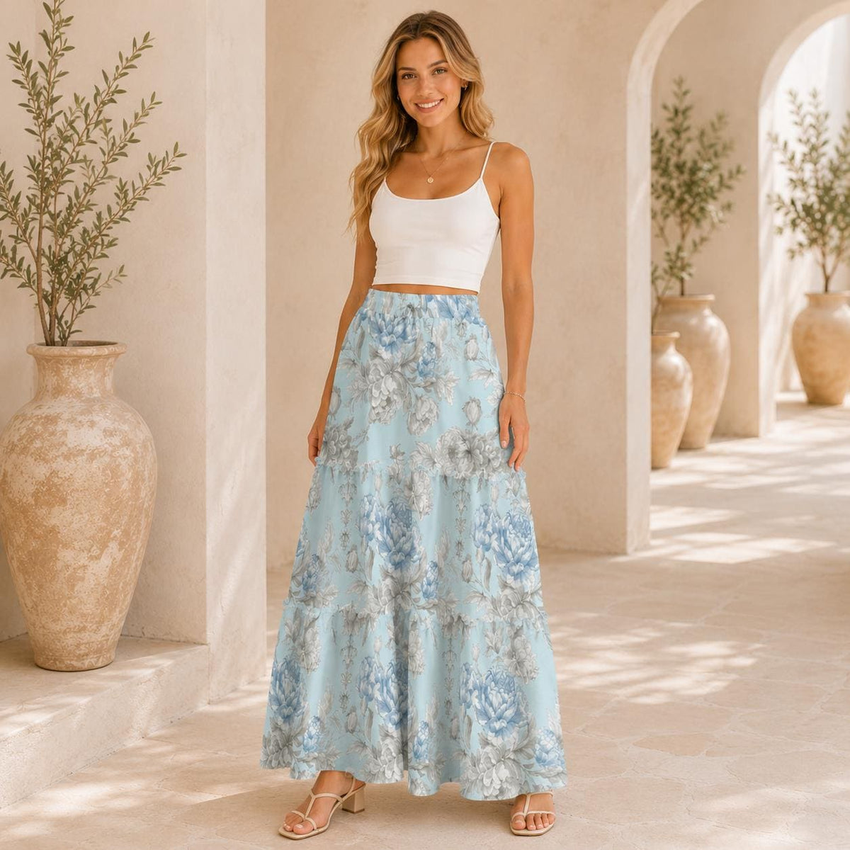 Vintage Blue Rose Tiered Maxi Skirt, Cottagecore Floral Print, Soft Stretch Fabric