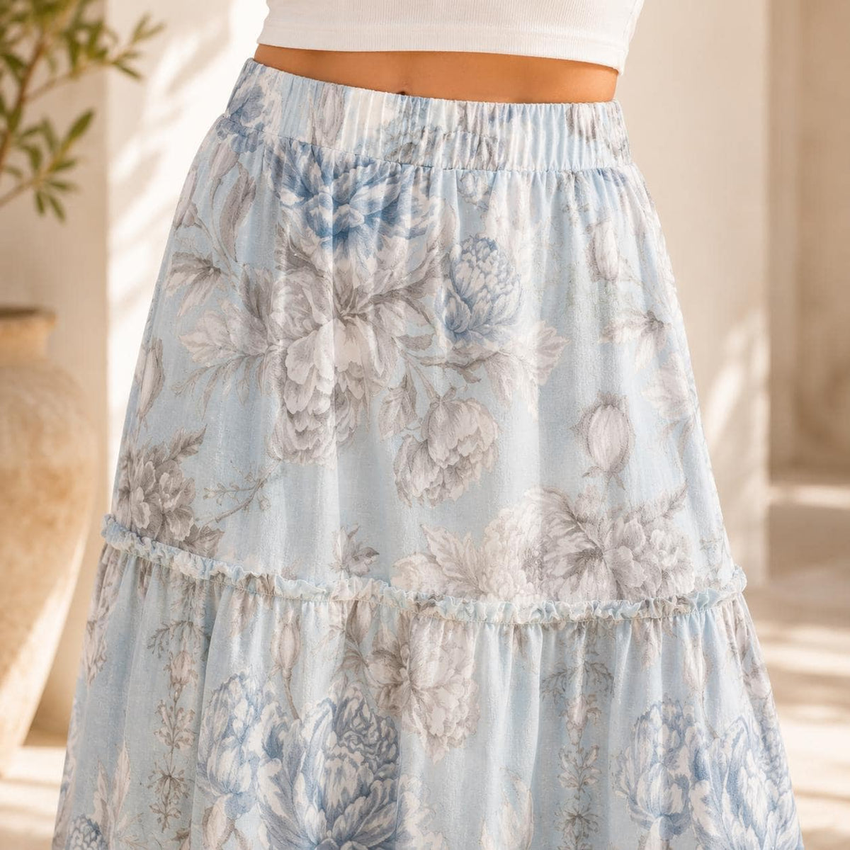 Vintage Blue Rose Tiered Maxi Skirt, Cottagecore Floral Print, Soft Stretch Fabric
