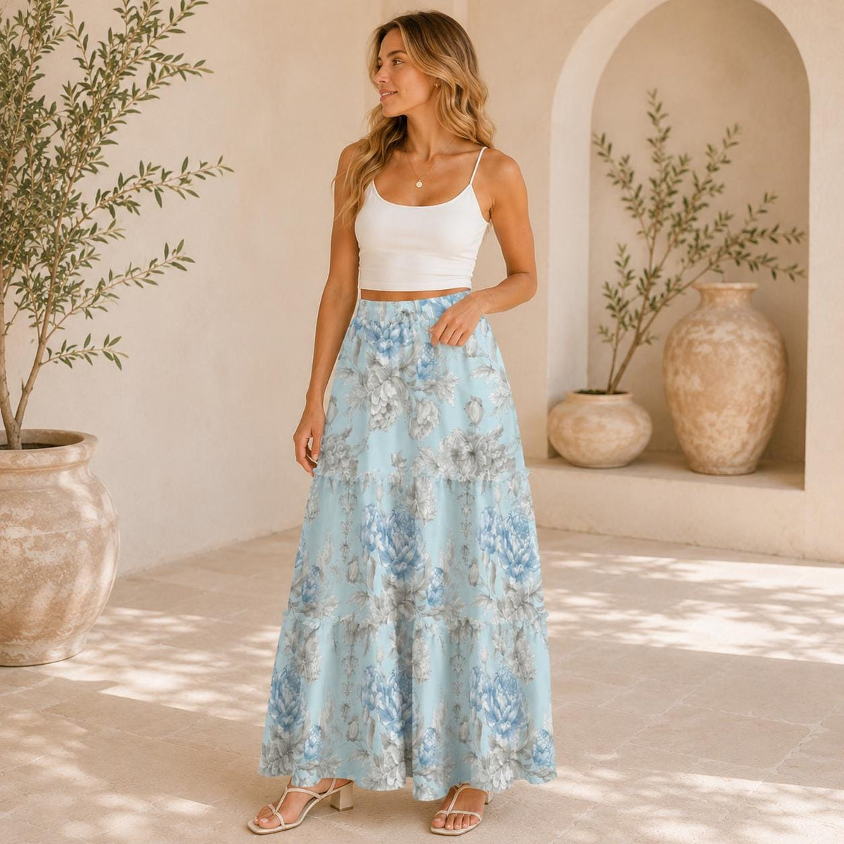 Vintage Blue Rose Tiered Maxi Skirt, Cottagecore Floral Print, Soft Stretch Fabric