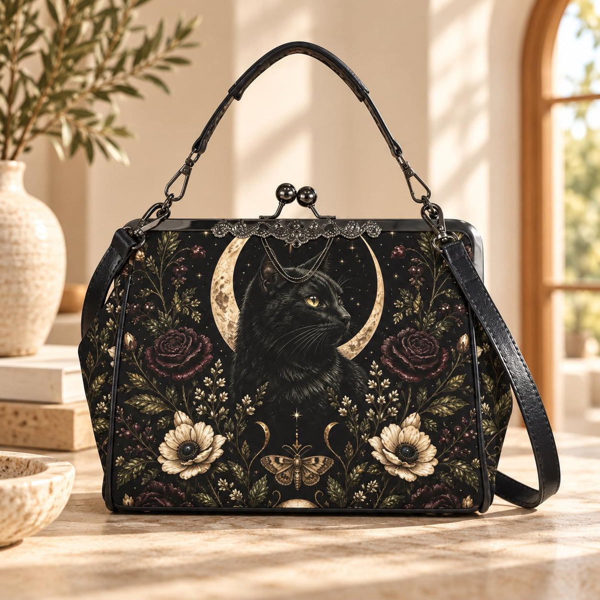 Black Cat Kisslock Purse, Crescent Moon Dark Floral Crossbody Bag