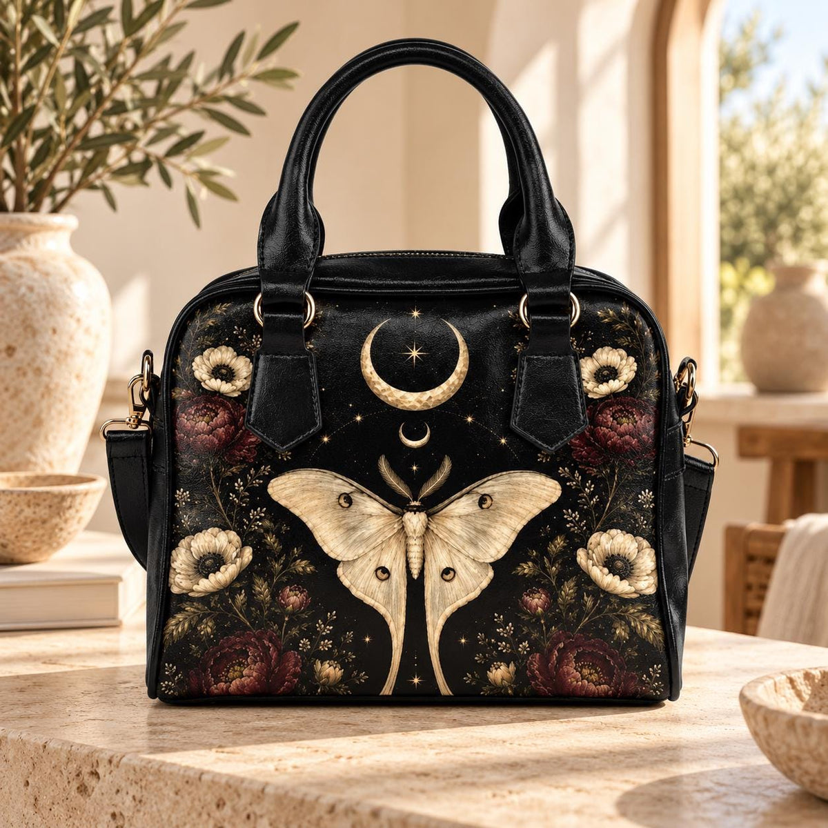 Luna Moth Handbag, Black Celestial Floral Shoulder Bag, Gothic Crossbody Purse