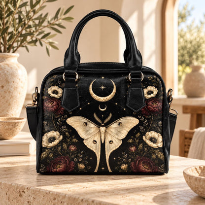 Luna Moth Handbag, Black Celestial Floral Shoulder Bag, Gothic Crossbody Purse
