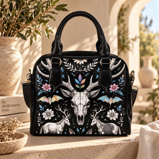 Woodland Fantasy Satchel with Antler Skull, Mystic Forest Purse, Folk Floral Handbag