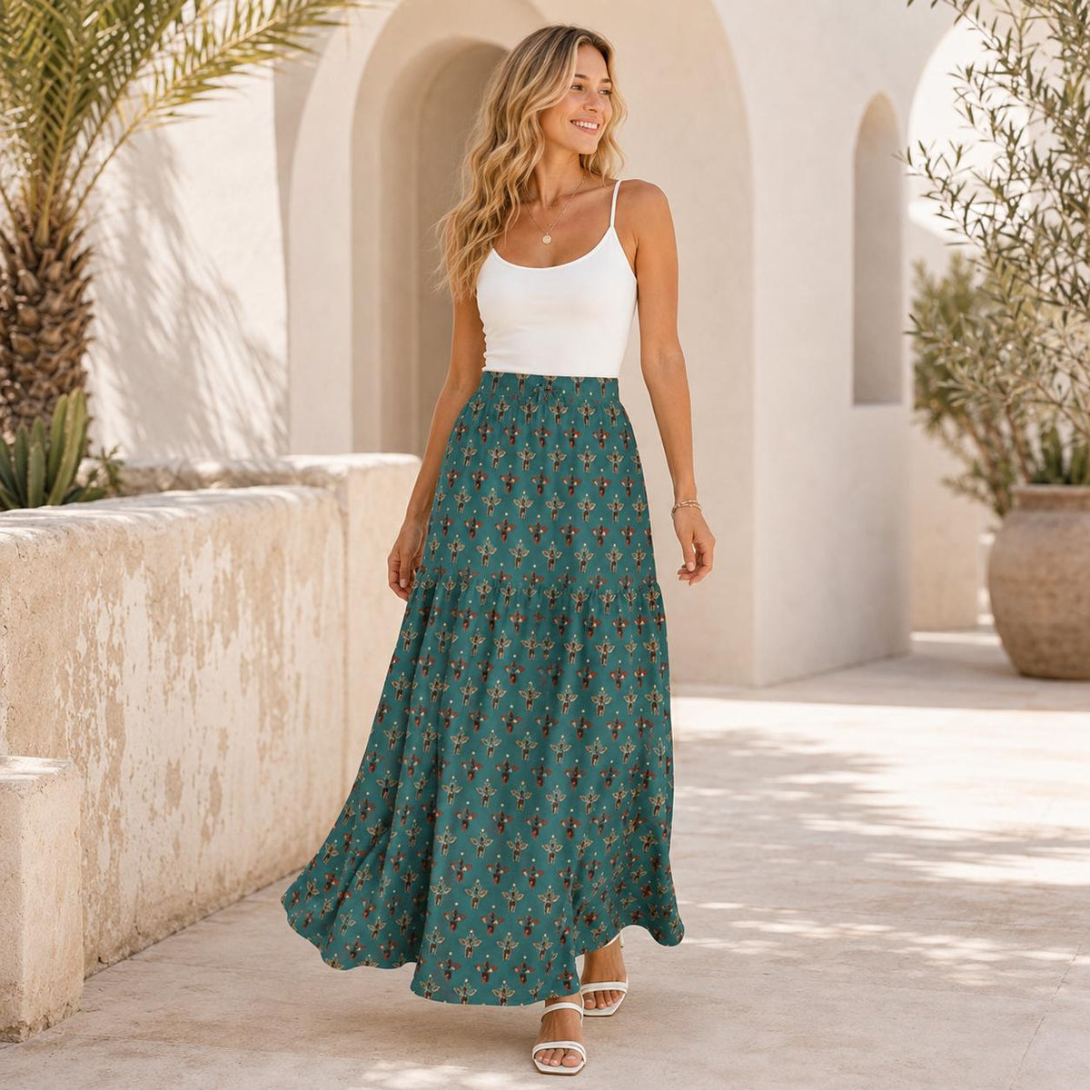 Tiny Floral Sprig Maxi Skirt, Teal Vintage Botanical Tiered Skirt