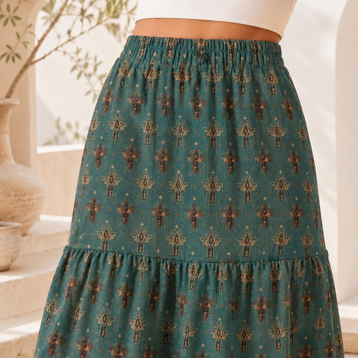 Tiny Floral Sprig Maxi Skirt, Teal Vintage Botanical Tiered Skirt