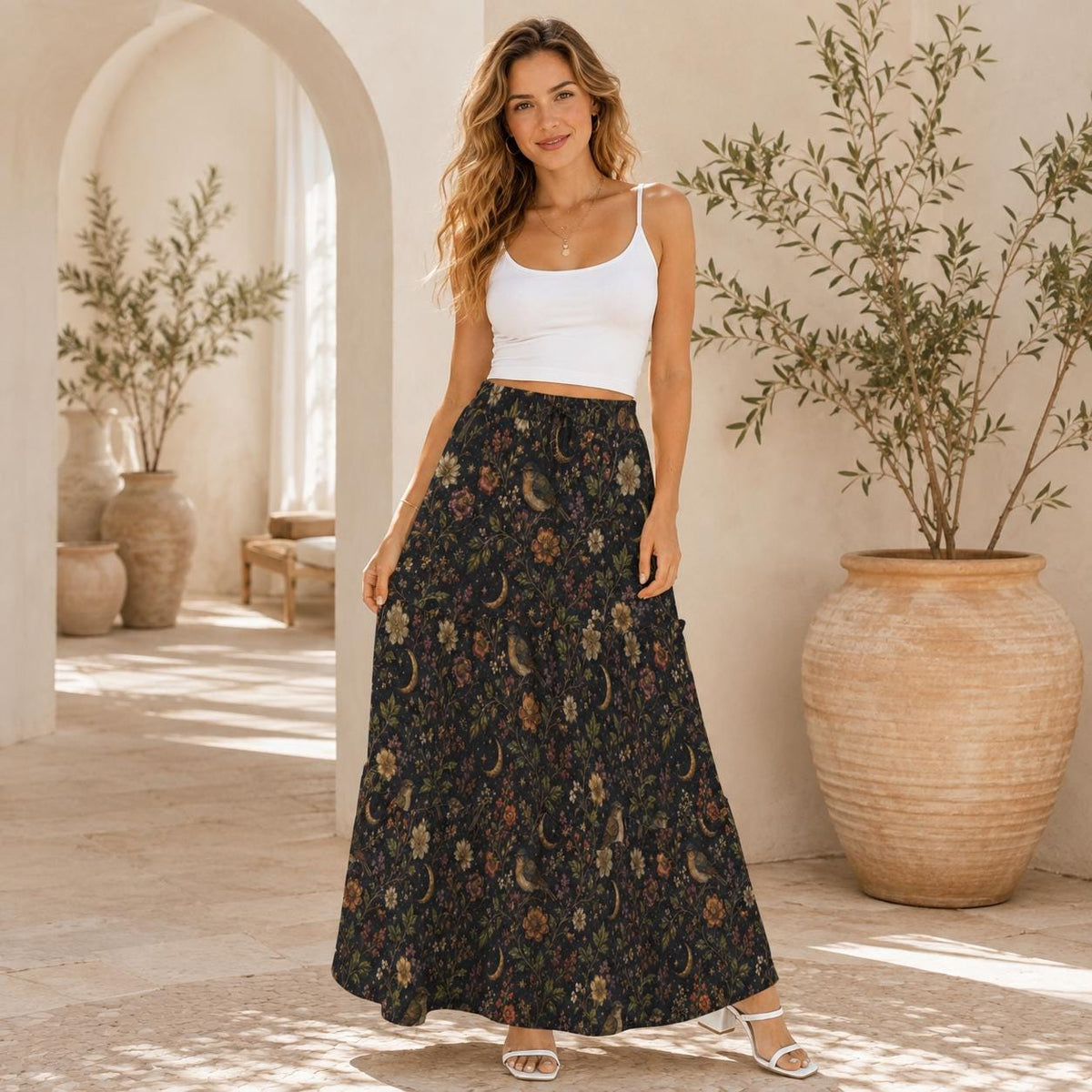 Celestial Floral Maxi Skirt, Crescent Moon Dark Botanical Tiered Design