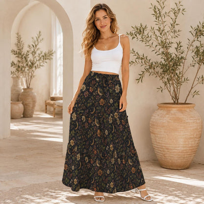 Celestial Floral Maxi Skirt, Crescent Moon Dark Botanical Tiered Design