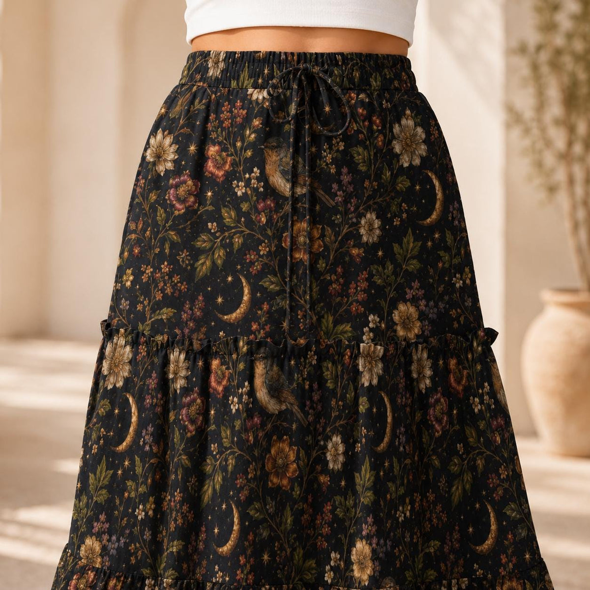 Celestial Floral Maxi Skirt, Crescent Moon Dark Botanical Tiered Design