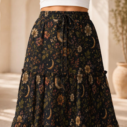 Celestial Floral Maxi Skirt, Crescent Moon Dark Botanical Tiered Design