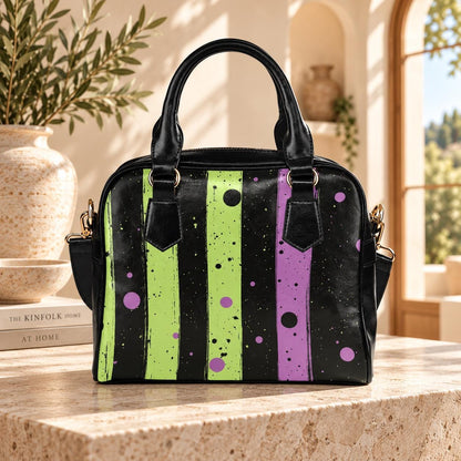 Green Purple Stripe Handbag, Paint Splatter Crossbody Purse, Gold Hardware Shoulder Bag