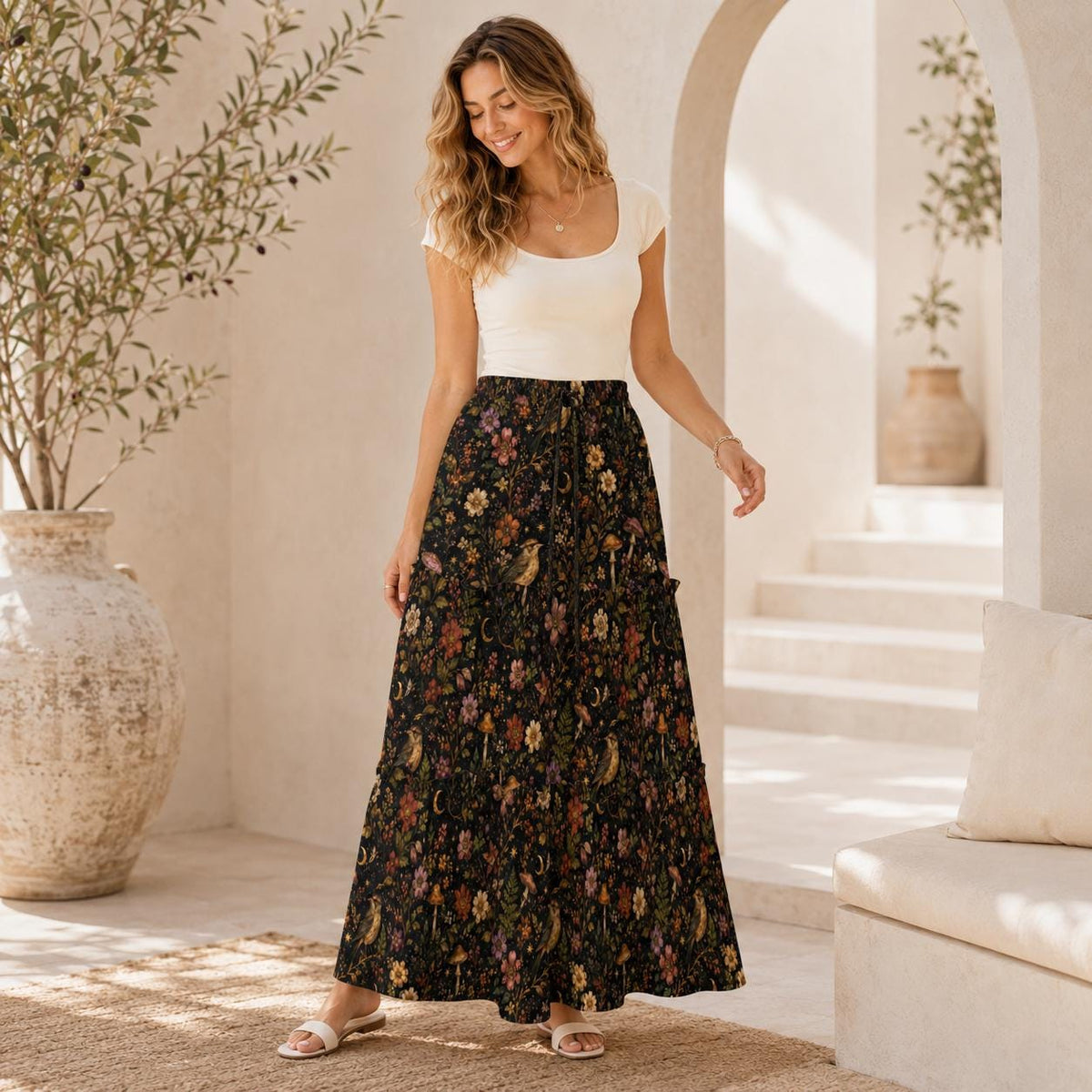 Celestial Floral Maxi Skirt, Gold Crescent Moons on Black