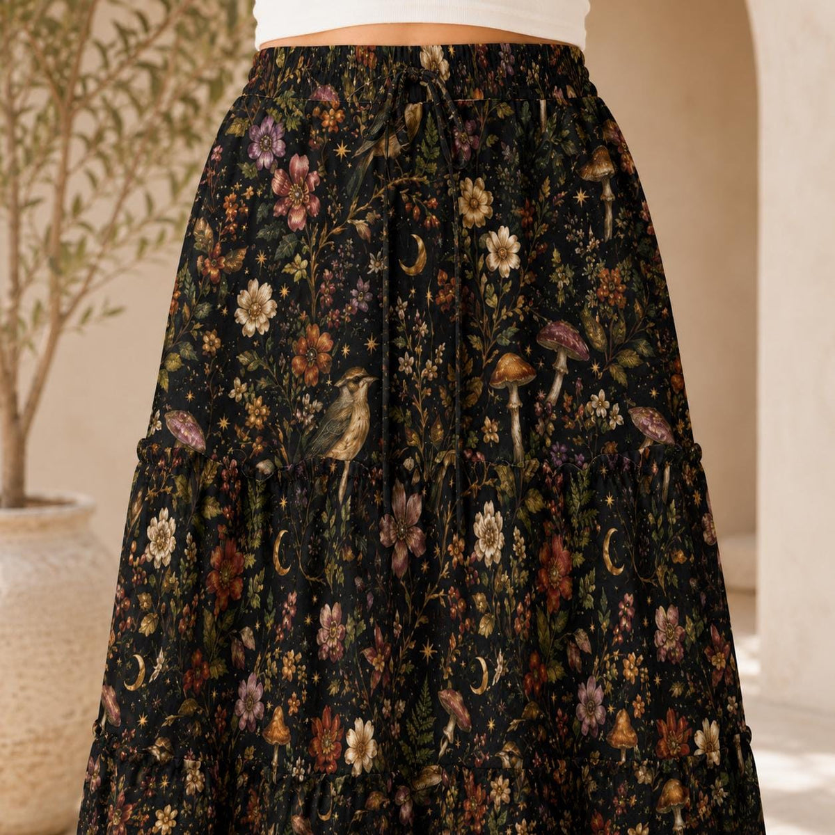 Celestial Floral Maxi Skirt, Gold Crescent Moons on Black