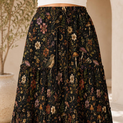 Celestial Floral Maxi Skirt, Gold Crescent Moons on Black