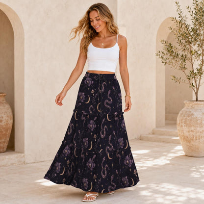 Celestial Serpent Maxi Skirt, Purple Moon and Floral Gothic Design