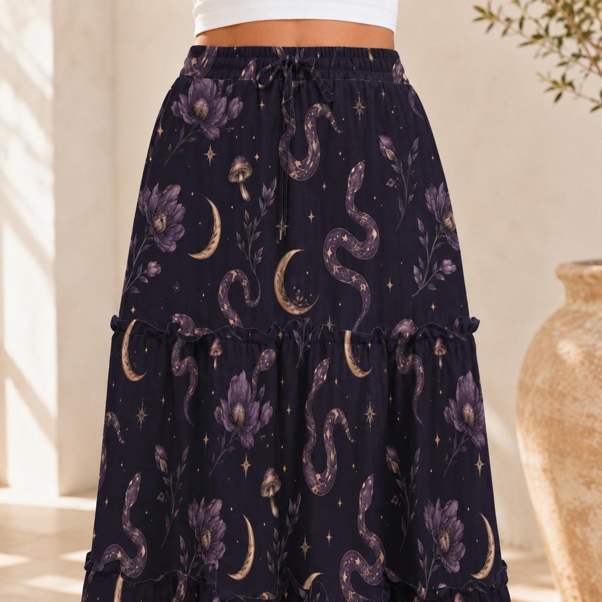 Celestial Serpent Maxi Skirt, Purple Moon and Floral Gothic Design