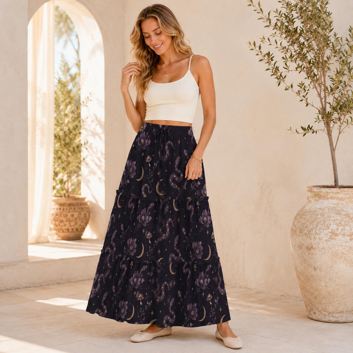 Celestial Serpent Maxi Skirt, Purple Moon and Floral Gothic Design