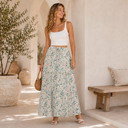 Watercolor Floral Maxi Skirt, Delicate Blue Teal Cottage Blooms