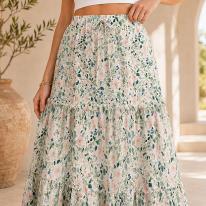 Watercolor Floral Maxi Skirt, Delicate Blue Teal Cottage Blooms