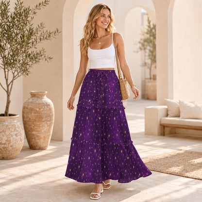 Purple Galaxy Maxi Skirt, Celestial Starfield Tiered Design