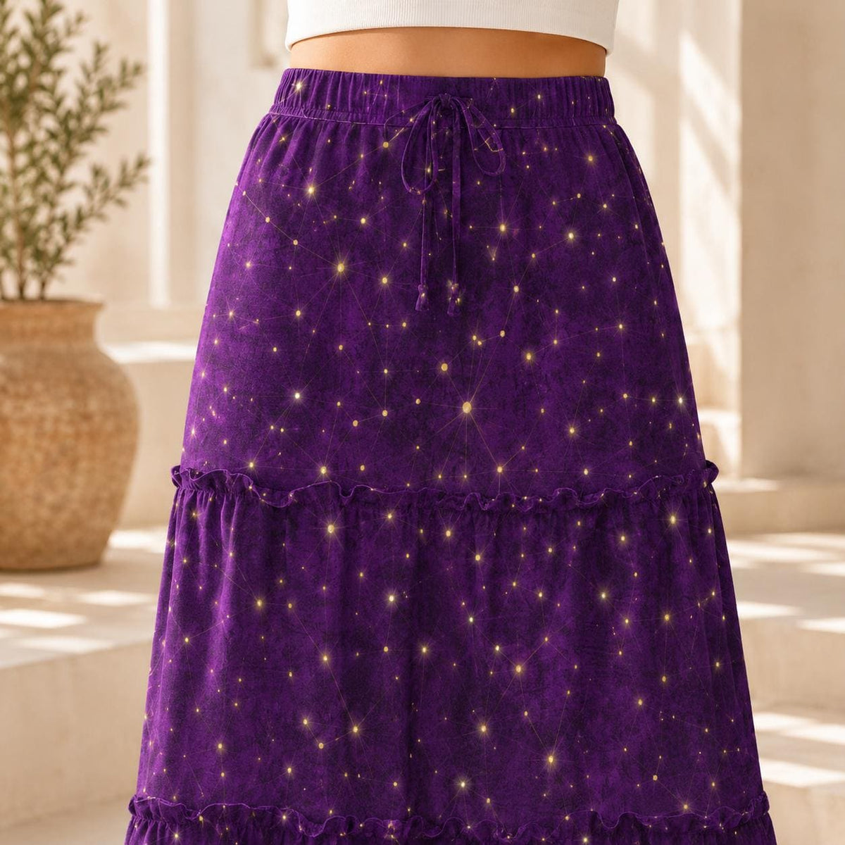 Purple Galaxy Maxi Skirt, Celestial Starfield Tiered Design