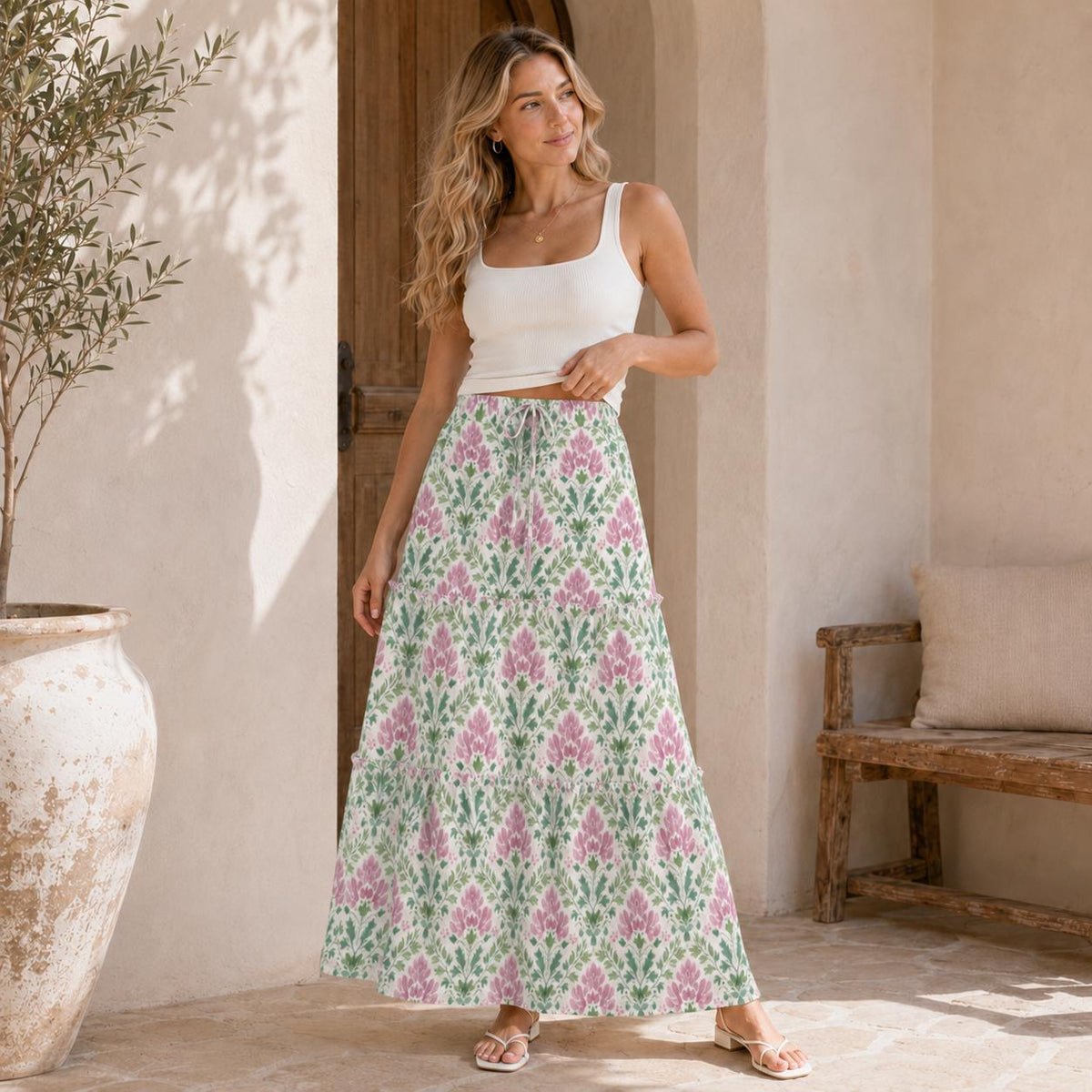 Floral Maxi Skirt, Ivory Pink Botanical Block Print Style