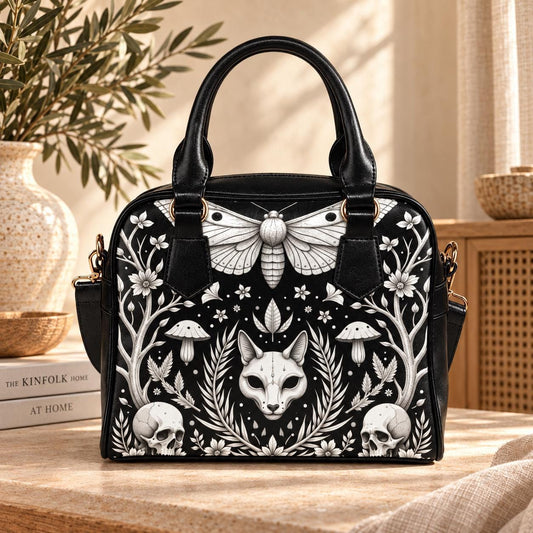 Moth Gothic Handbag, Monochrome Woodland Satchel, Skull Floral Purse