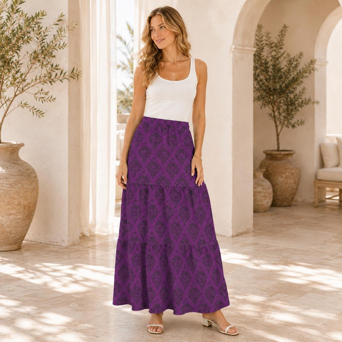 Gothic Damask Maxi Skirt, Purple Black Baroque Floral Pattern