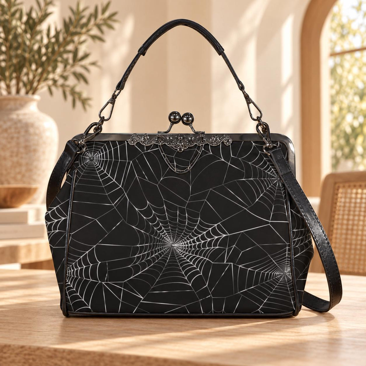 Gothic Spiderweb Satchel, Witchy Web Purse, Dark Halloween Bag, Waxed PU Leather Clutch