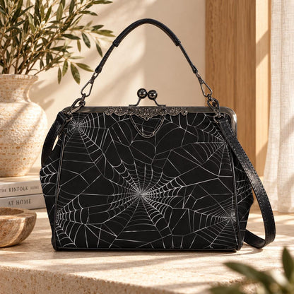 Gothic Spiderweb Satchel, Witchy Web Purse, Dark Halloween Bag, Waxed PU Leather Clutch