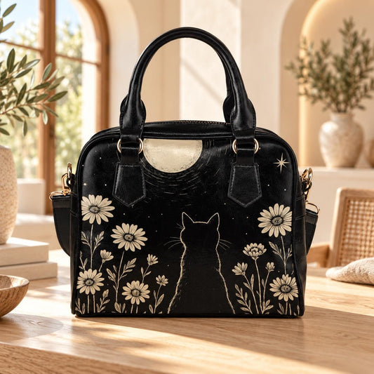 Black Cat Moon Handbag, Celestial Daisy Night Garden Satchel