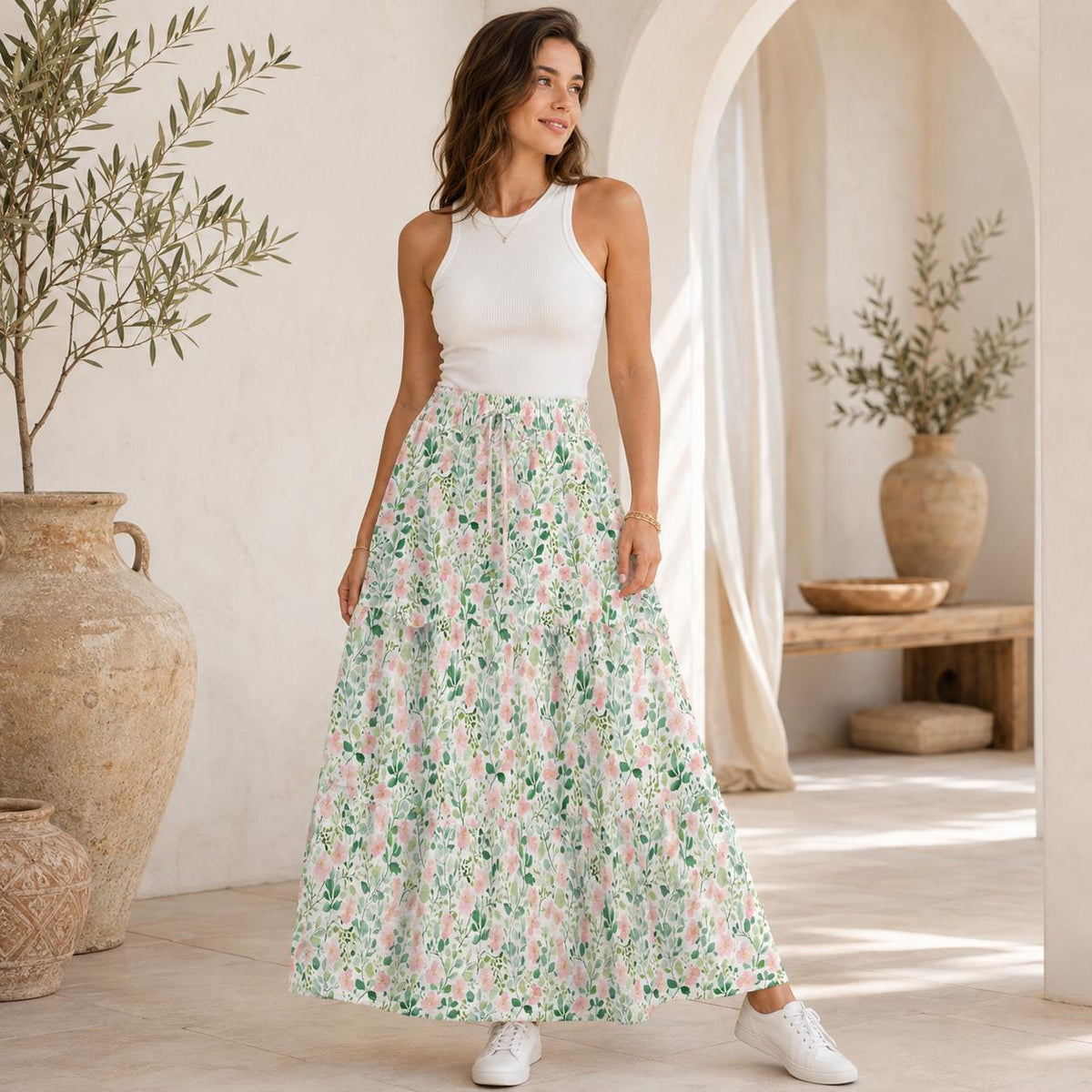 Cottage Garden Maxi Skirt, Blush Watercolor Floral Design