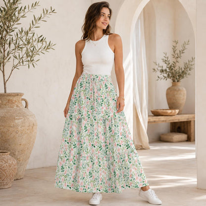Cottage Garden Maxi Skirt, Blush Watercolor Floral Design