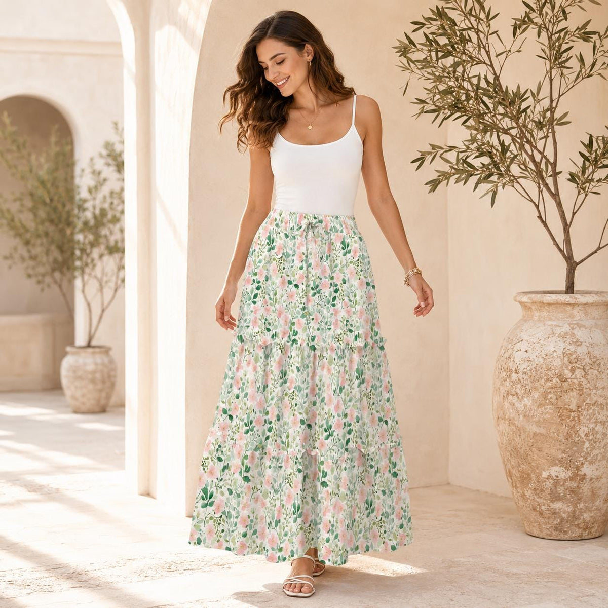 Cottage Garden Maxi Skirt, Blush Watercolor Floral Design
