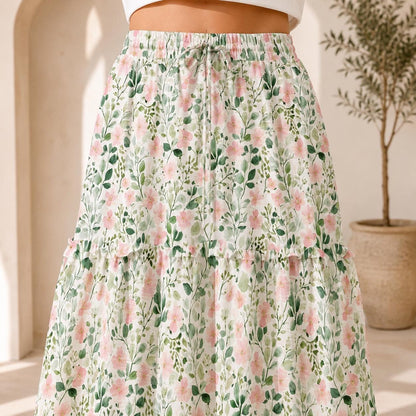 Cottage Garden Maxi Skirt, Blush Watercolor Floral Design