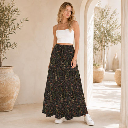 Enchanted Woodland Maxi Skirt, Mushrooms, Ferns and Dark Florals