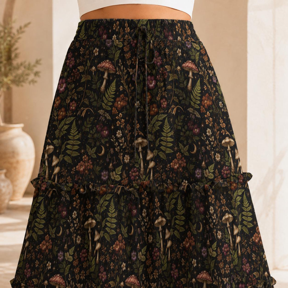 Enchanted Woodland Maxi Skirt, Mushrooms, Ferns and Dark Florals