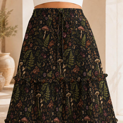 Enchanted Woodland Maxi Skirt, Mushrooms, Ferns and Dark Florals