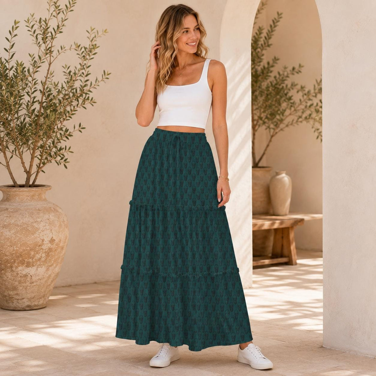 Tonal Damask Maxi Skirt, Forest Green Botanical Tiered Skirt