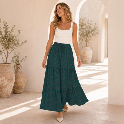 Tonal Damask Maxi Skirt, Forest Green Botanical Tiered Skirt