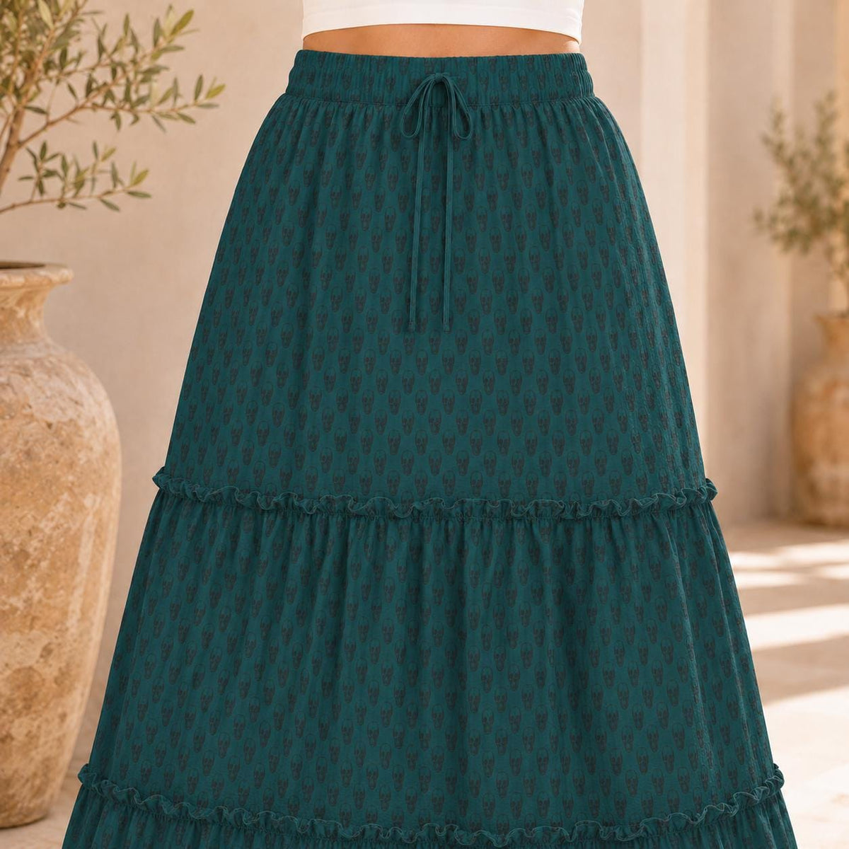 Tonal Damask Maxi Skirt, Forest Green Botanical Tiered Skirt